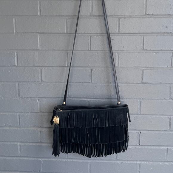VINCE CAMUTO Riqui Black Suede Fringe Leather Crossbody Bag Clutch Bohemian - Picture 1 of 9